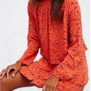 Free People Birds of Paradise Top Size Small Orange with Blue Flower Detail
